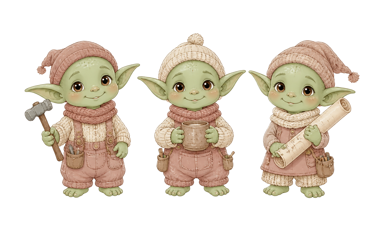 Three tiny goblin helpers: one with a hammer, one with a mug, one with a blueprint