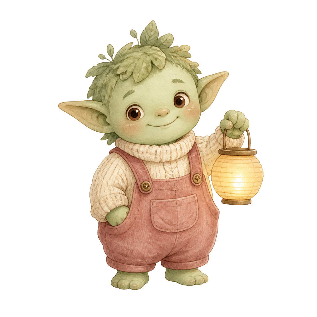 GoblinStudio mascot: a small cute goblin in overalls holding a paper lantern