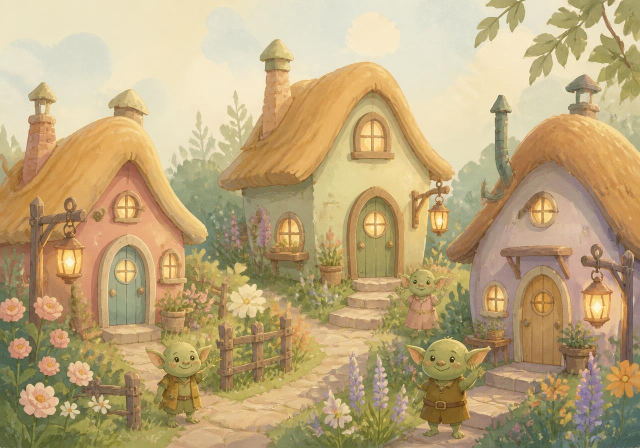 Illustration of GoblinFlat: three rounded pastel cottages with warm windows, flower gardens and small friendly goblins